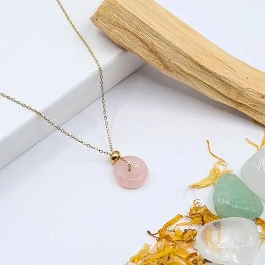 Collier Quartz Rose pendentif anneau doré or 18k
