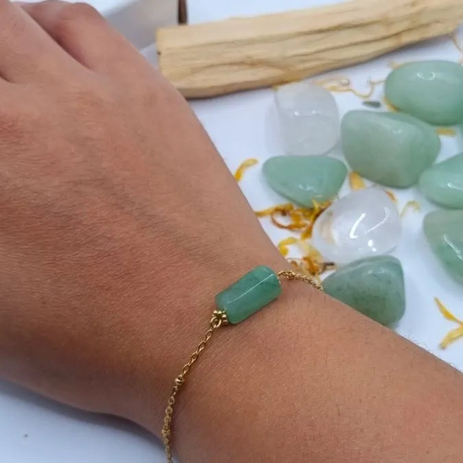 Bracelet aventurine pendentif tube doré or 18k main