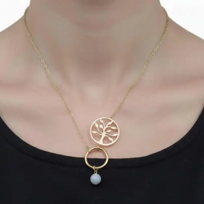 collier arbre de vie aigue marine porté