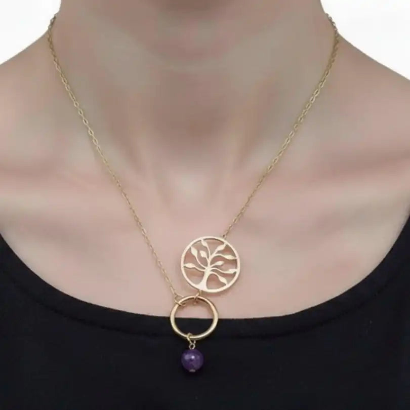 collier arbre de vie amethyste porté