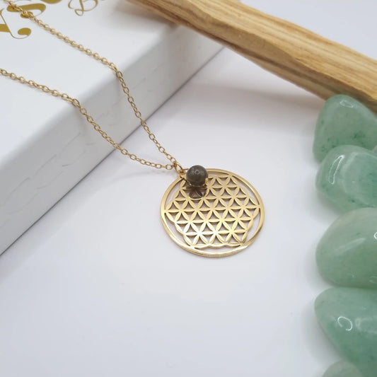 collier fleur de vie labradorite acier inoxydable avec dorure or 18k 