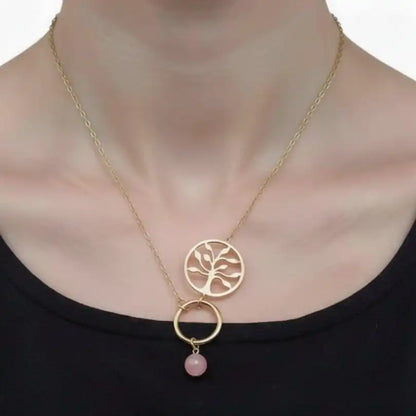 Collier arbre de vie quartz rose porté